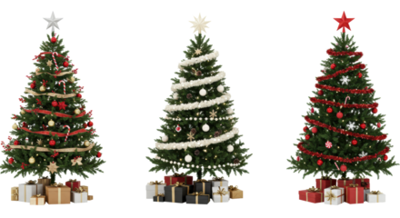 A trio of elaborately decorated Christmas trees, one with traditional red/gold/silver, another with white/cream/pinecones, and a third with bright red/silver, surrounded by elegant gifts, all