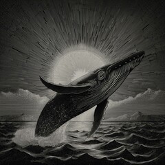 Artistic black and white illustration of a whale breaching the ocean with sunburst background and mountainous scenery
