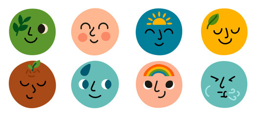 Collection of round emotion faces with nature elements like leaves, rainbow, wind and sun. Cute expressive characters for kids design, stickers, prints or educational materials.