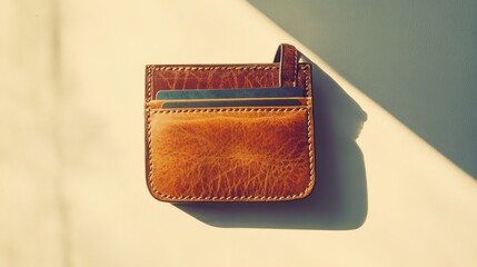 A small, tan leather card holder rests on a light beige surface.