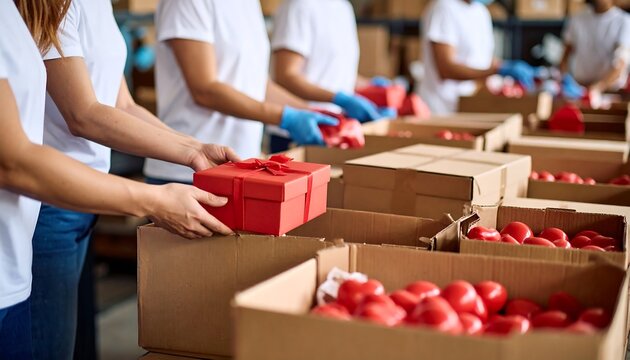 Volunteers pack red gifts into boxes in a warehouse