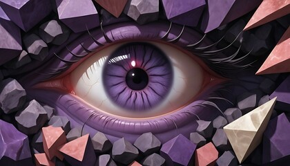 The art of retinal deconstruction — hyperrealistic eye fragments with coral-purple geometric contrasts
