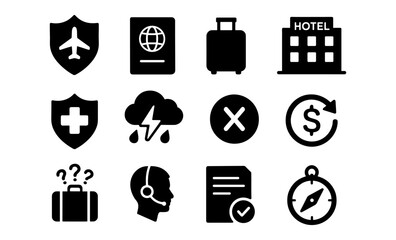 Essential travel and insurance icons set for modern travelers
