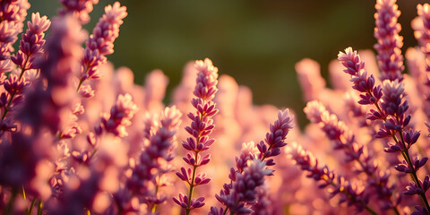 Golden Hour Sunlight Illuminating Lavender Flowers in Field