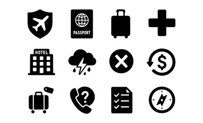 Travel icons set: essentials for trips and vacations in simple black silhouette style