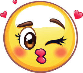 Kissing Emoji with Hearts – Vector Illustration of Flirty Yellow Face Blowing Kiss with Rosy Cheeks and Winking Eye