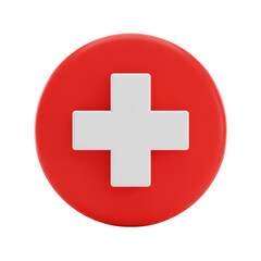 Obraz premium A transparent cross centered in a vivid red circle, rendered as an ultra-realistic 3D icon with sharp edges, on a clean white background with copy space, studio lighting, no shadows, concept of