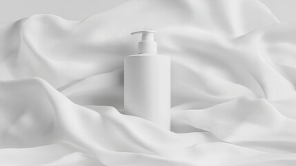 Blank white pump bottle on draped white fabric.