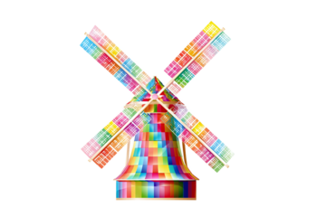 Vibrant rainbow windmill with checkered sails, isolated on white transparent background