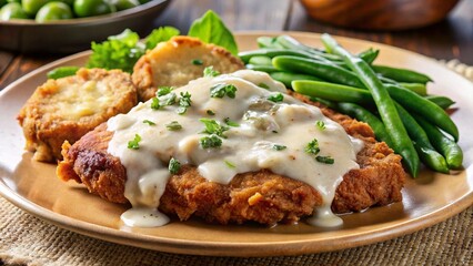 Chicken Fried Steak – USA
Breaded fried steak with creamy gravy, mashed potatoes, and green beans