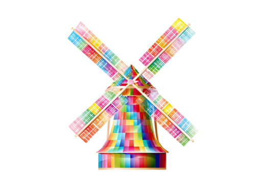 Vibrant rainbow windmill with checkered sails, isolated on white transparent background