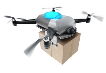 Unmanned drone carrying cargo box on transparent background. 3D illustration
