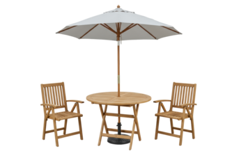 Round light wood patio dining set with two slatted chairs and an open light gray umbrella, isolated on a transparent studio background with no shadows, slightly high angle UHD product shot.