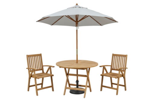 Round light wood patio dining set with two slatted chairs and an open light gray umbrella, isolated on a transparent studio background with no shadows, slightly high angle UHD product shot.