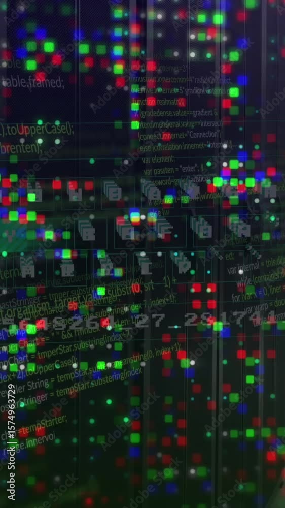 Poster animation of mosaic squares, virtual keyboard and data processing against computer server room