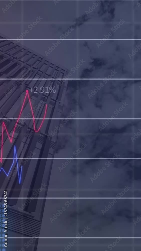 Poster animation of statistical data processing over grid network against low angle view of tall building