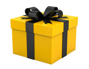 Bright yellow gift box with black ribbon on a white backgroun