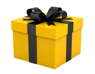 Bright yellow gift box with black ribbon on a white backgroun