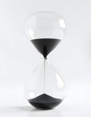 Hourglass with black sand mid-flow, studio product photo, white background, subtle glass reflections, time metaphor stock image