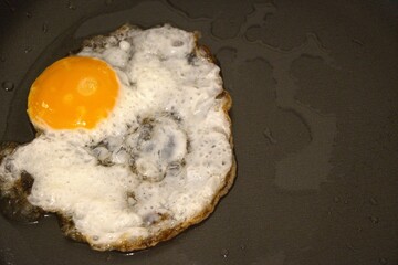 One fried egg in the pan close up
