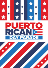 Obraz premium Puerto Rican Day. National happy holiday. Festival and parade in honor of independence and freedom. Puerto Rico flag. Latin american country. Patriotic elements. Vector poster illustration