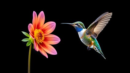 Obraz premium Hummingbird flying to flower nectar nature wildlife bird photography black background