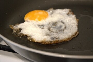 One fried egg in the pan close up