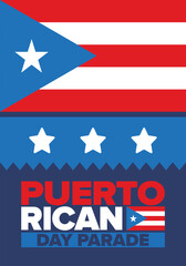 Puerto Rican Day. National happy holiday. Festival and parade in honor of independence and freedom. Puerto Rico flag. Latin american country. Patriotic elements. Vector poster illustration