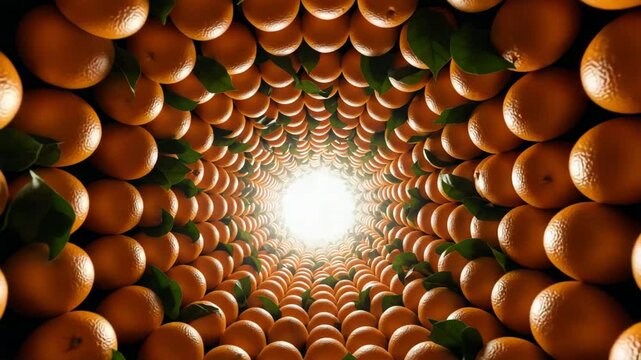 An endless tunnel of bright oranges and green leaves disappearing into the light. Abstract concept of freshness and naturalness. Vitamin and health themes. For the food industry and juice advertising.