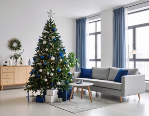 Generated image: Modern Living Room with Christmas Tree (Blue and Silver Decorations)