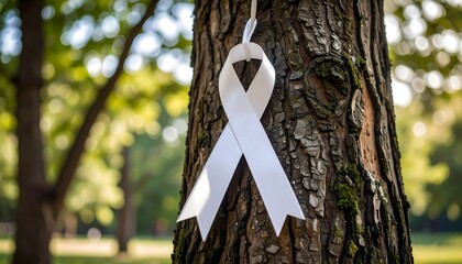 Fototapeta premium White ribbon on tree trunk, park background