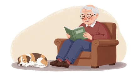 Elderly Man Reading a Book with His Dog - Illustration