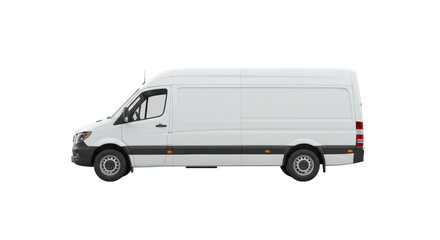 transparent commercial delivery van, long wheelbase, high roof, gleaming, strict side profile view, on a transparent isolated studio background with shadowless lighting, ultra-realistic product
