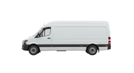 transparent commercial delivery van, long wheelbase, high roof, gleaming, strict side profile view, on a transparent isolated studio background with shadowless lighting, ultra-realistic product