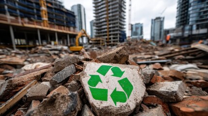 Urban construction site with rubble and green recycling symbol, emphasizing eco-friendly waste management and sustainability.