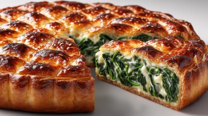 A close-up of a spinach and cheese quiche slice with a golden crust, showcasing its vibrant filling against a white background, ideal for food advertisements and recipe blogs.