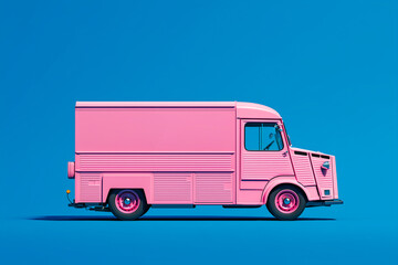 Pink delivery van parked against a vibrant blue background.