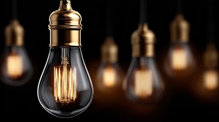 Vintage incandescent bulb glowing warmly on a dark background, creating an atmospheric depth with shimmering bokeh lights. Ideal for concepts of innovation and nostalgia.