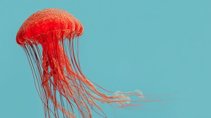 Transparent jellyfish with vibrant orange tentacles floating on a light blue background.