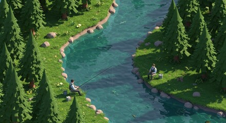 Friends Fishing by the River - Isometric 3D Scene