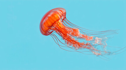 Transparent jellyfish with vibrant orange tentacles floating on a light blue background.