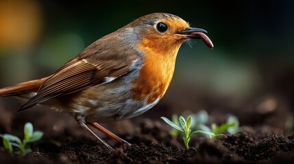 Close-up of a robin extracting a worm from garden soil in soft morning light, illustrating nature's cycle and wildlife focus.