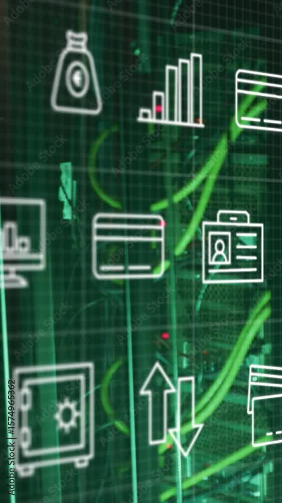 Poster Animation of interface with digital icons against close up of a computer server