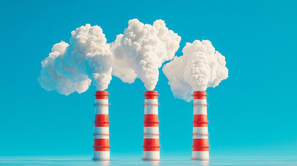 Three red-and-white striped smokestacks emitting clouds of smoke against a bright blue sky.