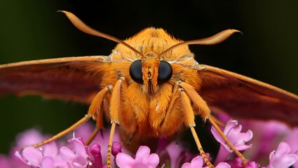 Close up macro shot of a beautiful orange moth on pink flowers in nature photography