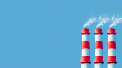 Three red-and-white striped smokestacks emitting clouds of smoke against a bright blue sky.