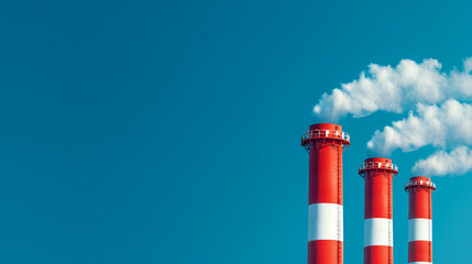 Three red-and-white striped smokestacks emitting clouds of smoke against a bright blue sky.