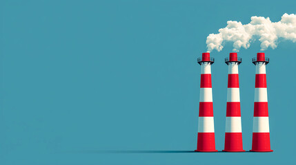 Three red-and-white striped smokestacks emitting clouds of smoke against a bright blue sky.