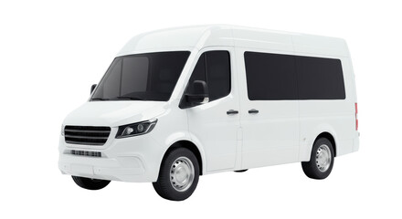 Modern white delivery van with sleek design, dark-tinted windows, and contemporary wheels, captured in dynamic 3/4 view against a transparent seamless studio backdrop with no shadows, highlighting its