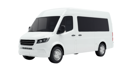 Modern white delivery van with sleek design, dark-tinted windows, and contemporary wheels, captured in dynamic 3/4 view against a transparent seamless studio backdrop with no shadows, highlighting its